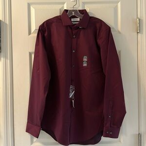 NWT. Calvin Klein (L) 16 34/35 maroon slim fit button down dress shirt.